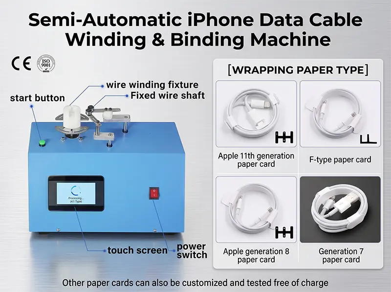 Yarı Otomatik iPhone Data Kablosu Sarma &amp; Bağlama Makinesi WPM-K287 | Kablo Üretiminde Verimlilik
